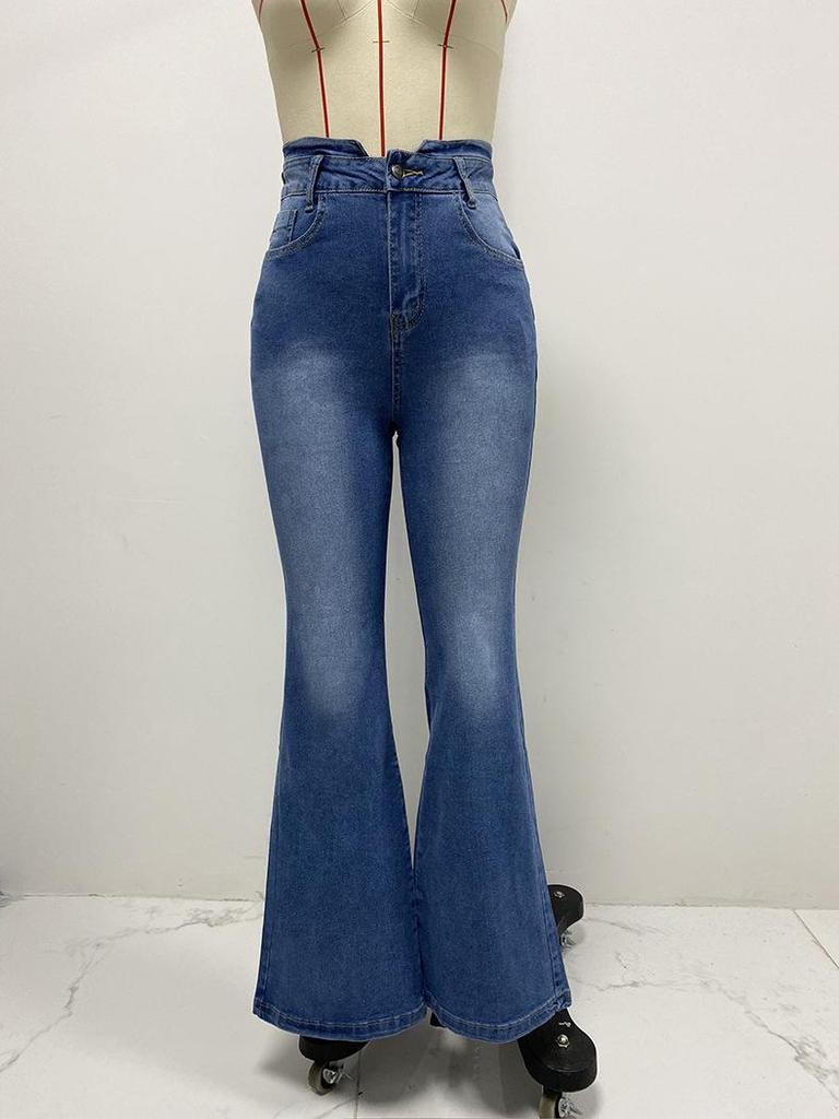 Spring Women's High-Waist Slim Flared Washed Jeans