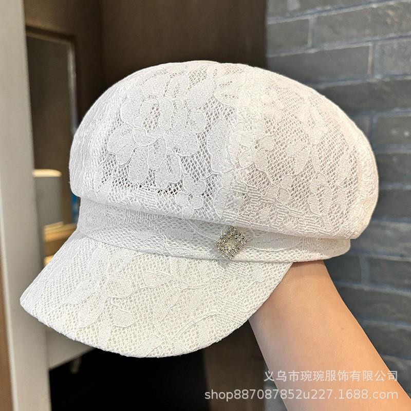 Lace Embellished Octagon Sun Hat Women - Breathable Wide Brim UV Protection Cap Foldable Fashion Beret