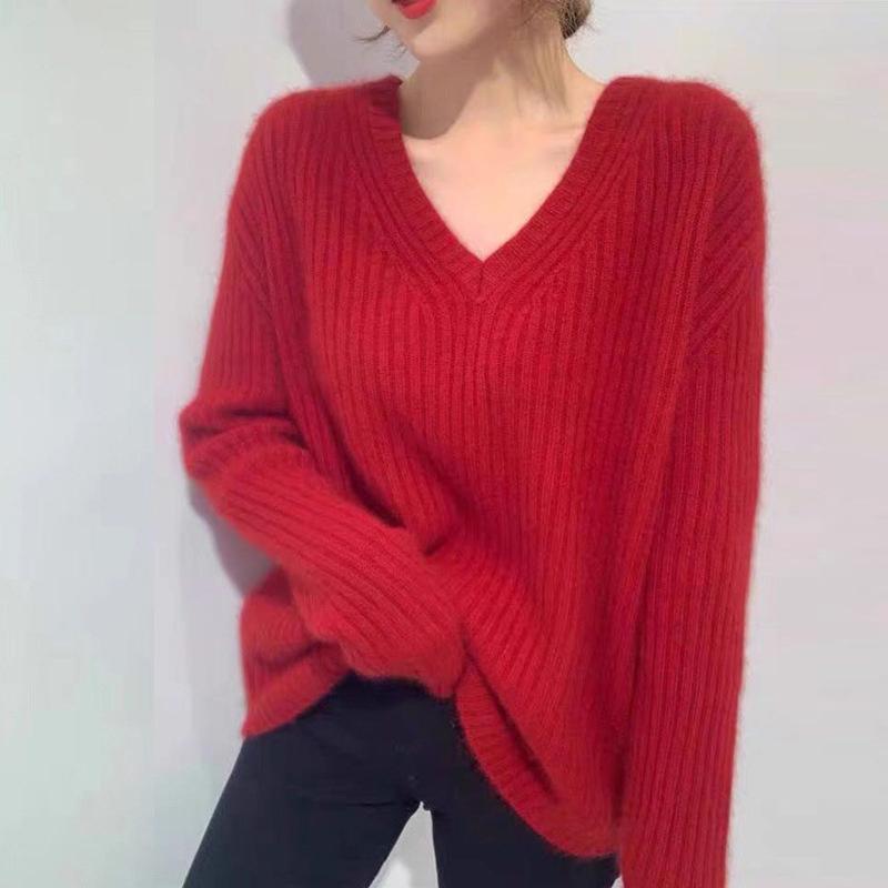 

Женский свободный свитер с v-образным вырезом, однотонный пуловер, вязаный топ One size красный