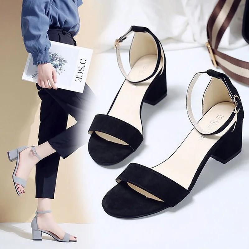 Fashion With Strap Sandals for Women Footwear Pumps Block Heel Open Toe Ladies Shoes Summer 2024 Medium Heels One Word Casual Shoe H Vip