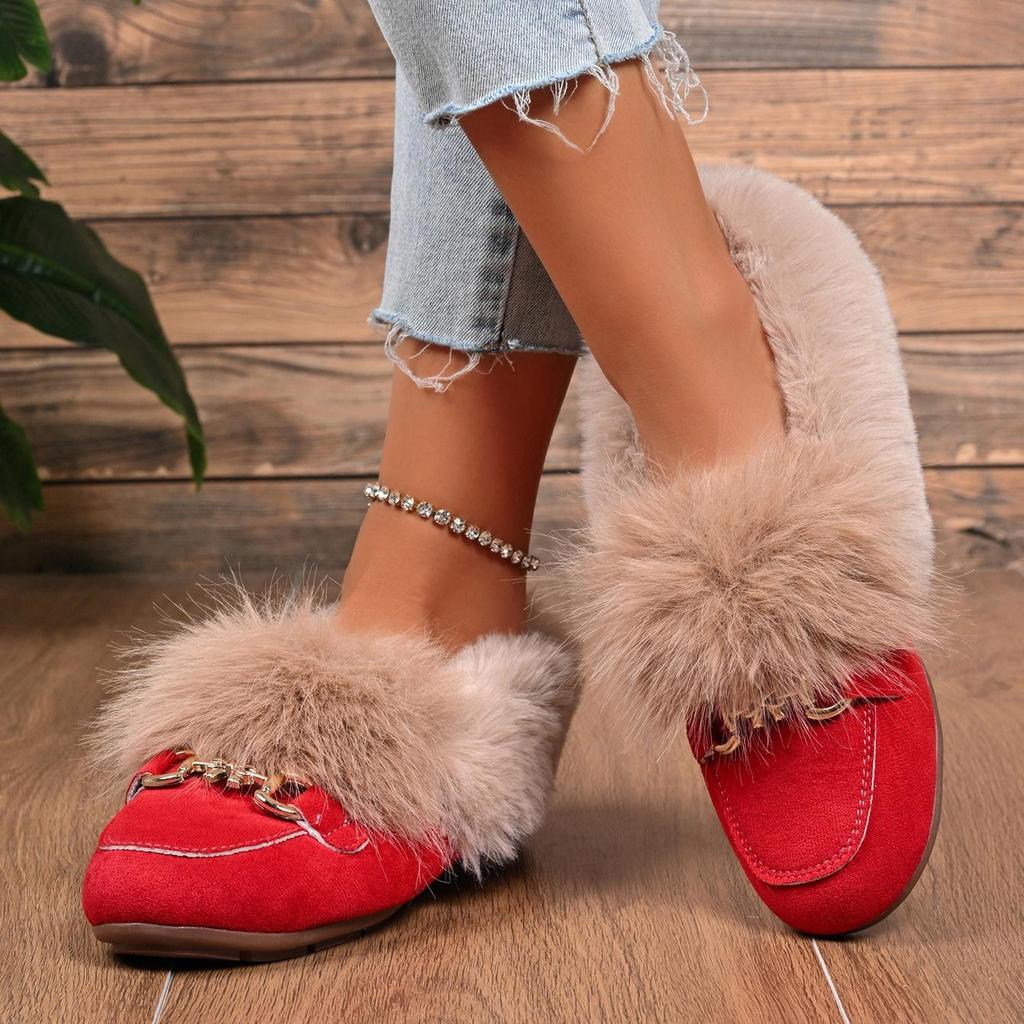 Fluffy Loafers with Decorative Buckles, Warm and Cozy for Winter, Easy Slip-On Flat Shoes for Women