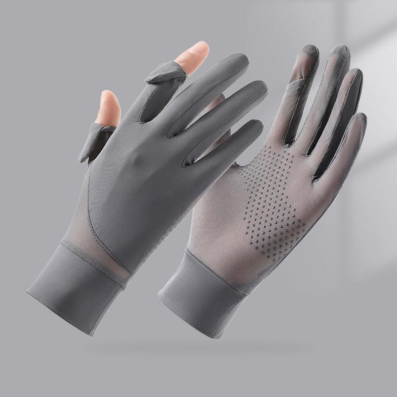 Summer ice silk gloves new splicing sunscreen UV protection cool breathable non-slip driving full finger riding gloves