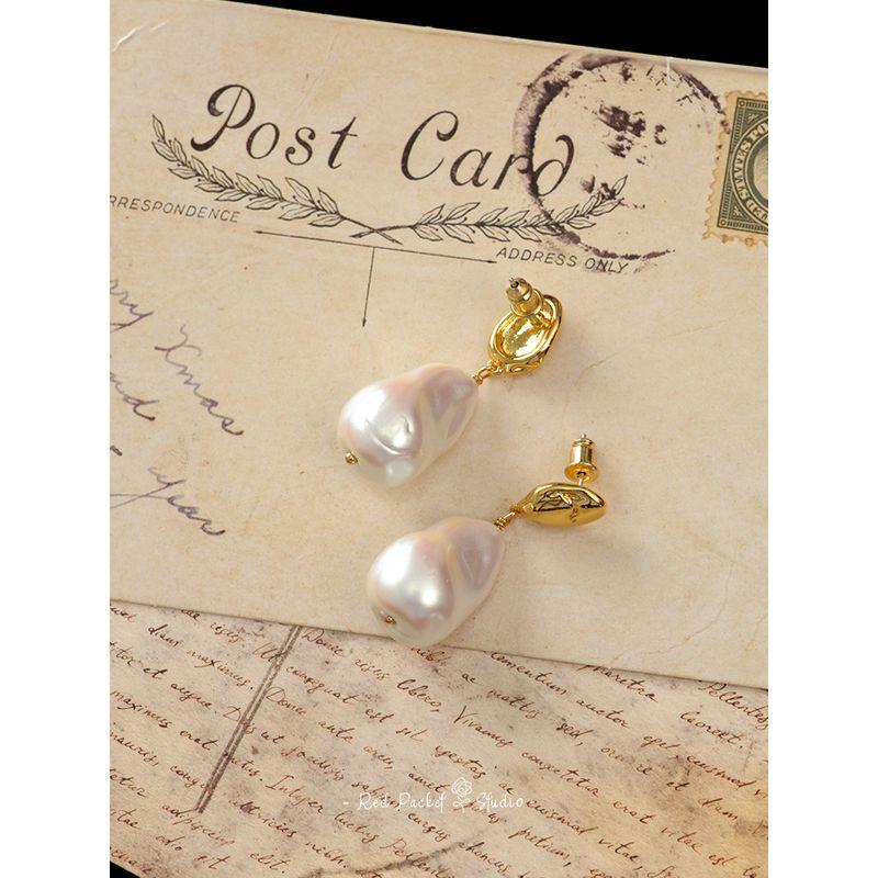 Red Pocket French style Retro High-Grade Niche Shaped Baroque Pearl Earrings S925 Silver Needle European and American Gyaru Eardrops