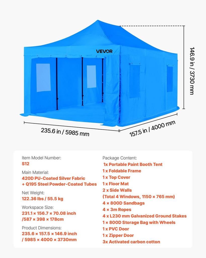 Portable Paint Booth Tent, 5870 X 3980 X 1780mm Portable Garage Spray Tent, Waterproof Spray Booth with Foldable Frame Design & 4 Mesh Side Windows