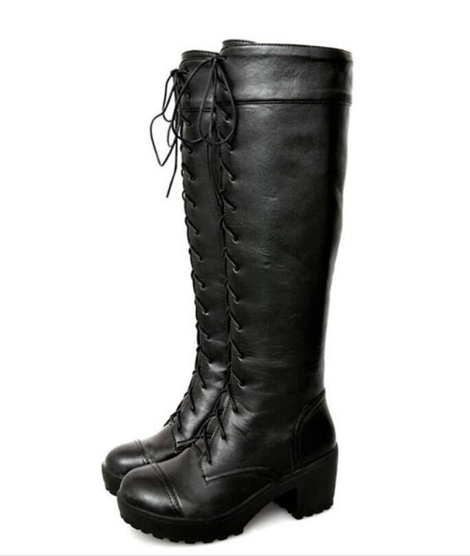 Long boots, women's new autumn and winter cos shoes, white, black, tall front lace-up Martin boots, medium heel women's boots.