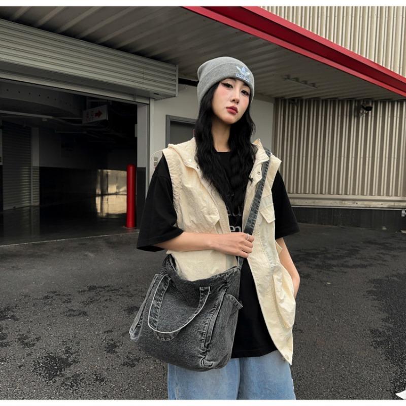 Waschene Denim Sling Bag für Damen, Große Kapazität, Einzelne Schultertasche