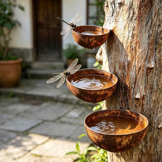3Pcs/Set Metal Bird Baths Retro Wall Mounted Bird Bath 6cm 8cm 10cm Wild Bird Bath Feeder for Garden Backyard Outdoor Decor
