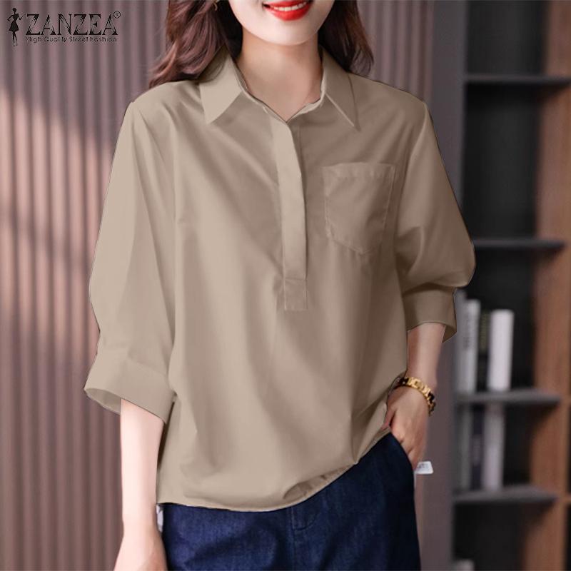 ZANZEA Bluzka damska z kołnierzykiem typu „turn down” i luźnym rękawem 3/4 w jednolitym kolorze