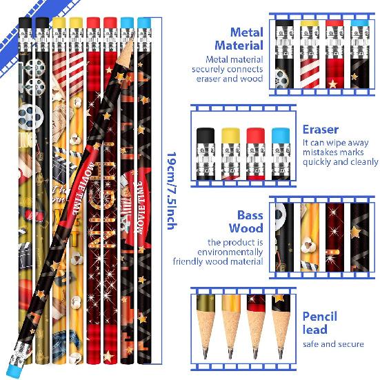 Sherr 36 Pieces Movie Night Pencils with Eraser, Wooden Colorful Pencil Bulk for Students Classroom Prize Stationery Party Favors, 4 Style