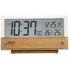 Seiko Clock tabletop alarm radio-controlled digital calendar temperature humidity display see-through LCD light brown wood grain pattern body size