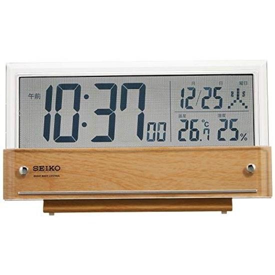 Seiko Clock tabletop alarm radio-controlled digital calendar temperature humidity display see-through LCD light brown wood grain pattern body size