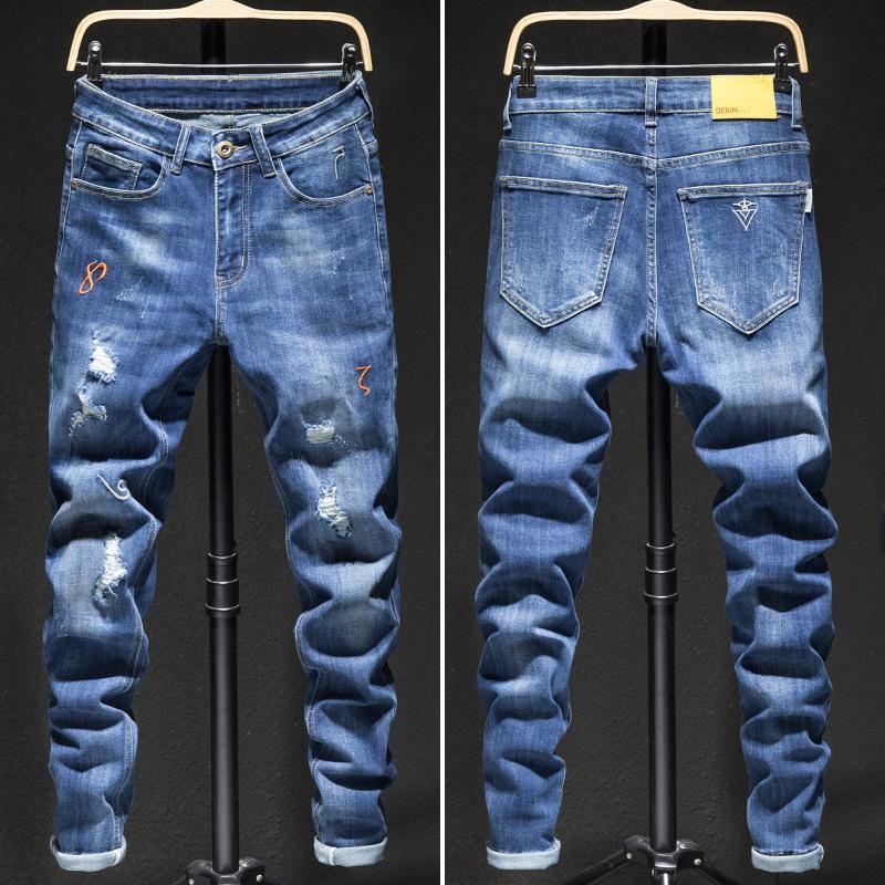 Four Season Wearable Men'S Embroidered Jeans With Slim Fit And Stretchy Trend, Small Leg Pants With Ripped Patches, Personalized Long Pants