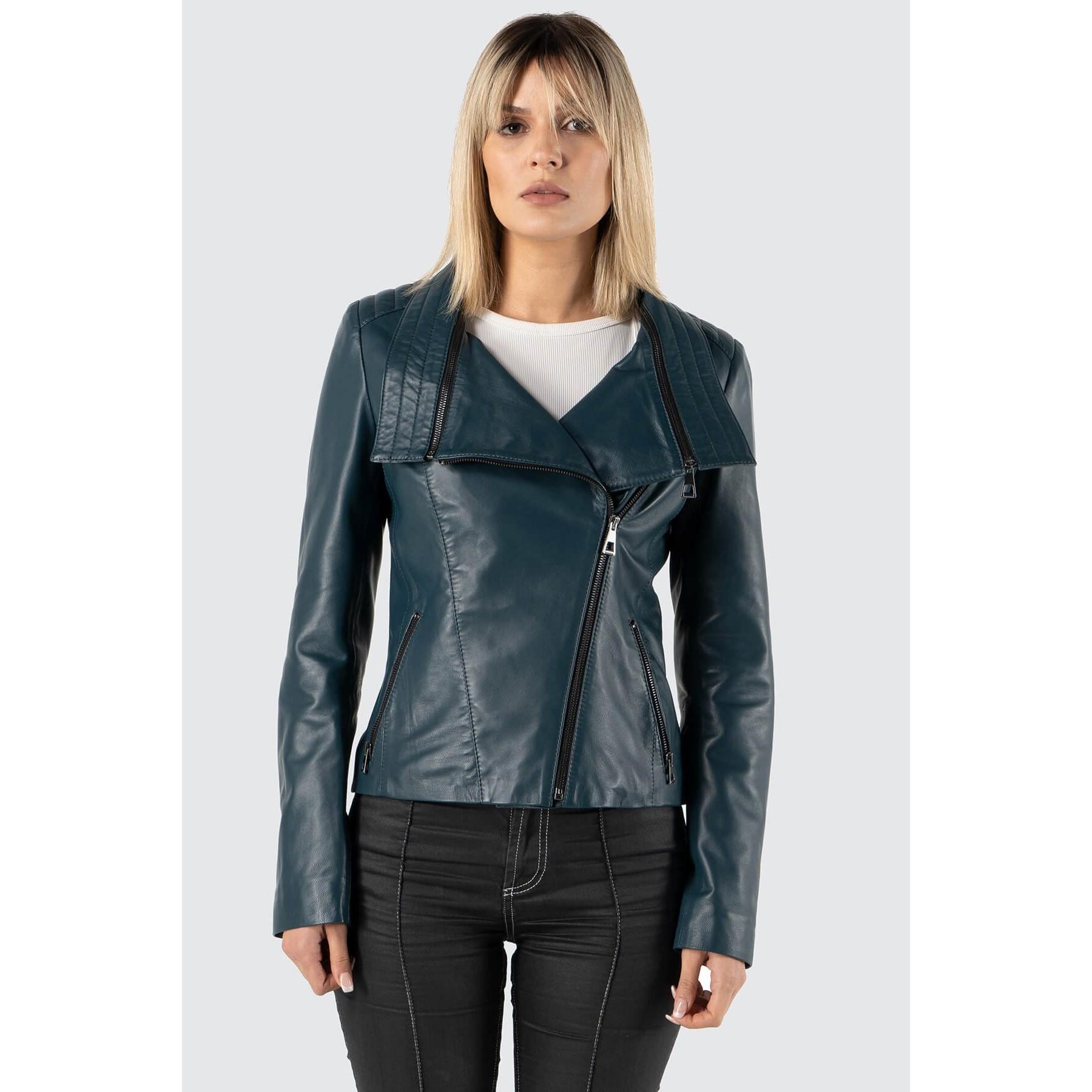 

Женское пальто из натуральной кожи с переносным воротником бирюзового цвета