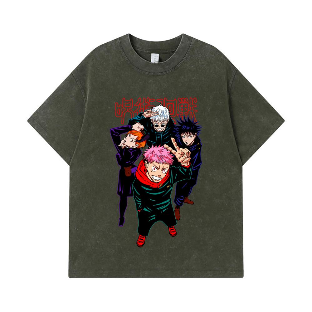 

275 GSM Washed T-shirts 100% Cotton Jujutsu Kaisen V12 Jujutsu High Print Unisex Heavy Cotton T Shirt S армия зеленый