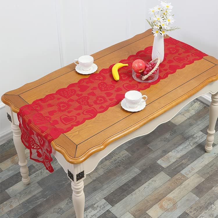 13 X 72 Inch Red Heart Lace Table Runner for Valentine's Day Decor