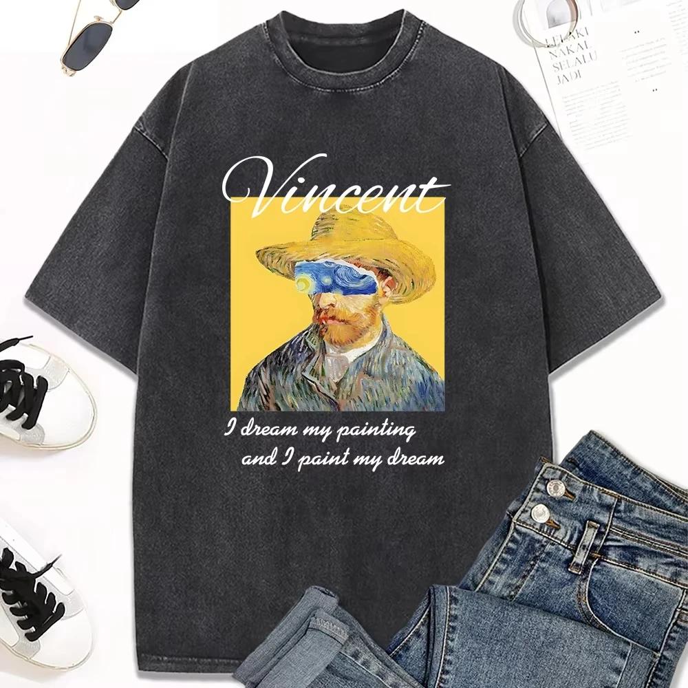 Summer personalized oil painting printed Tshirt casual water wash vintage Tshirt soft Unisex and Women comfortable Tshirt