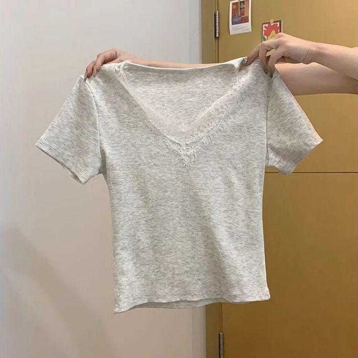 Women's Slim Fit Gray Lace Trim V-Neck Short Sleeve Top - Chic Korean Summer Style
