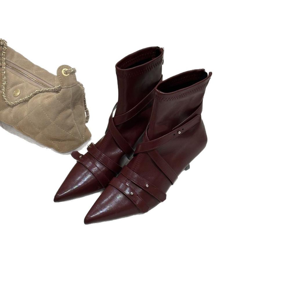 Autumn and winter new retro belt buckle pointed middle boots women's thin heel French suede high heel temperament trouser tube boots