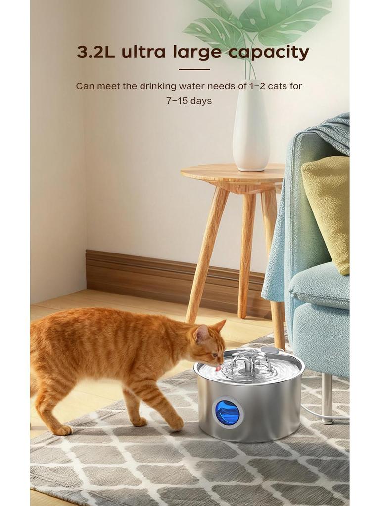 Stainless Steel 3.2L Automatic Pet Water Fountain with Filter for Cats and Dogs