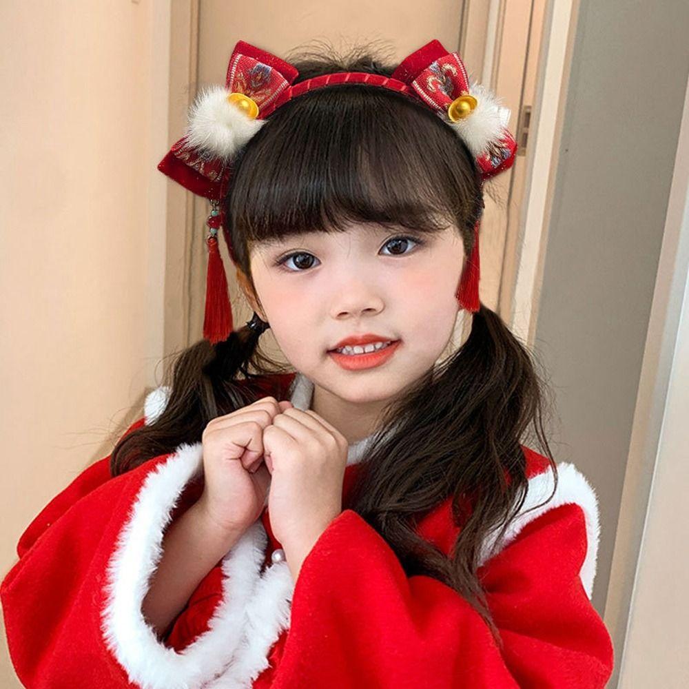Braid Hair Children Wig Headband Flower Red Bow Hairband Simple Hanfu Hair Sticks  Baby