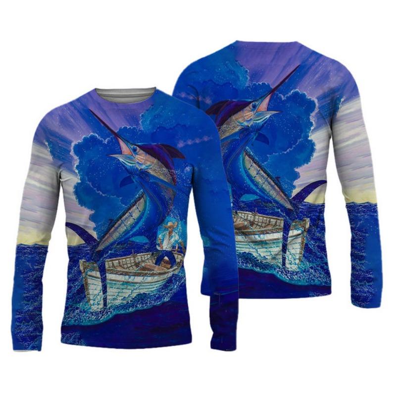 Sommer Herren Angelshirts 3D Pinting Angelbekleidung Atmungsaktives T-Shirt Langarm Outdoor Sport Rundhals Angelshirt 6XL