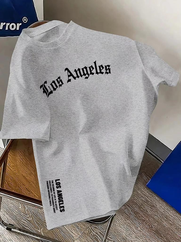 2025 Men's Summer 100_ Cotton Fashion Los Angeles Letter Printed Loose Large Casual Comfortable Round Neck Short Sleeve T-shirt