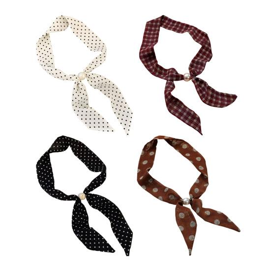 Women Scarf Imitation Pearl Buckle One-Piece Design Scarf Lightweight Chiffon Satin French Retro Black White Dot Neck Collar