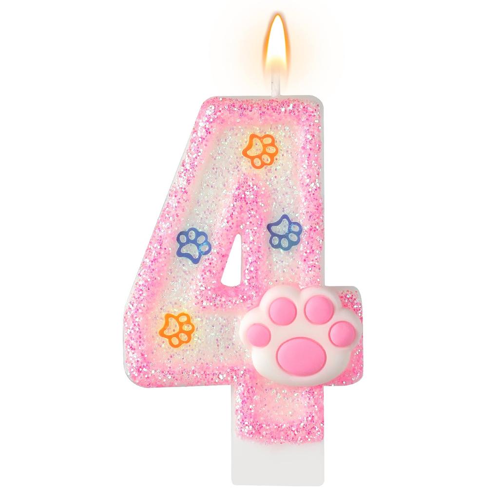 Dog and Cat 3rd Birthday Candle Paw Cake Topper Cupcake Decorations for Pet Theme Party Decor Anniversary Celebrations Supplies