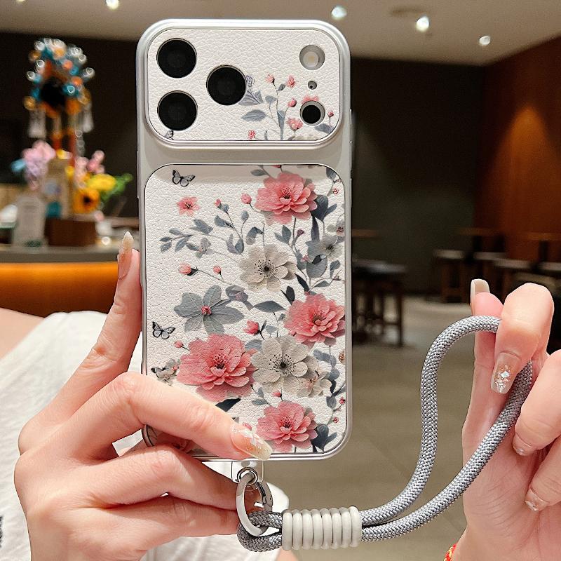 INS Floral Pattern Leather Lanyard Case For iPhone 18 Pro Max Hybrid TPU+PU Anti-skid Soft Cover For iPhone 17 16 15 14 13 Pro Max