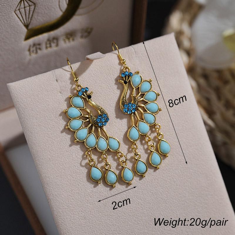 Ethnic Vintage Peacock Earrings for Women Creative Rhinestone Acrylic Antique Gold Color Animal Earring Party Vacation Jewelry