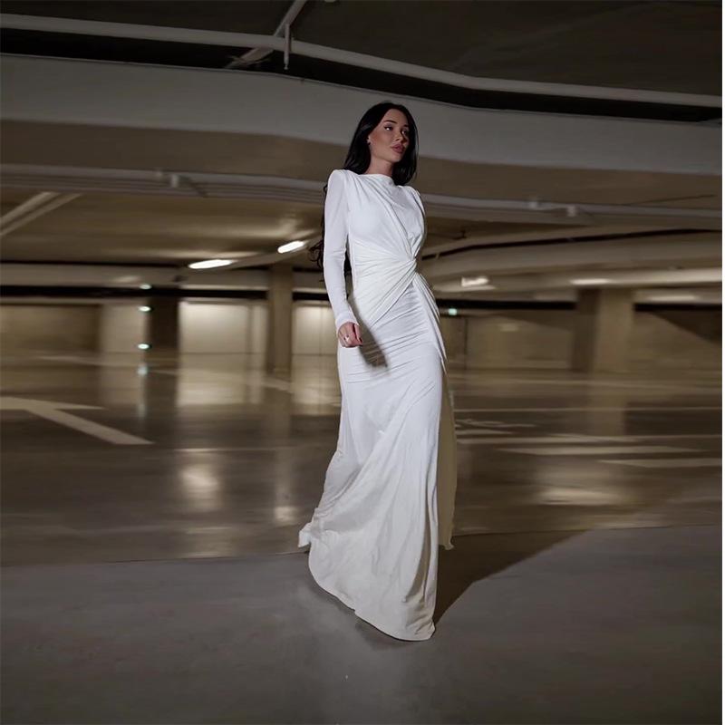 Nuovo Abito Sexy alla Moda Monocolore Slim Fit con Vita Plissettata e Scollo Rotondo