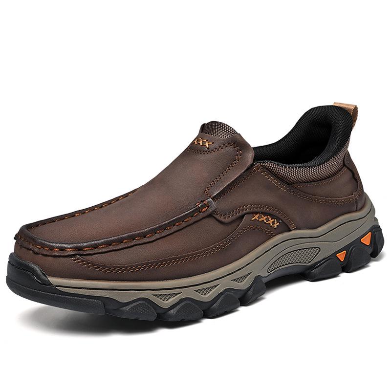 Men's Four Seasons Leather Slip-On Loafers: Thick Sole, Wear-Resistant, Casual Outdoor Shoes