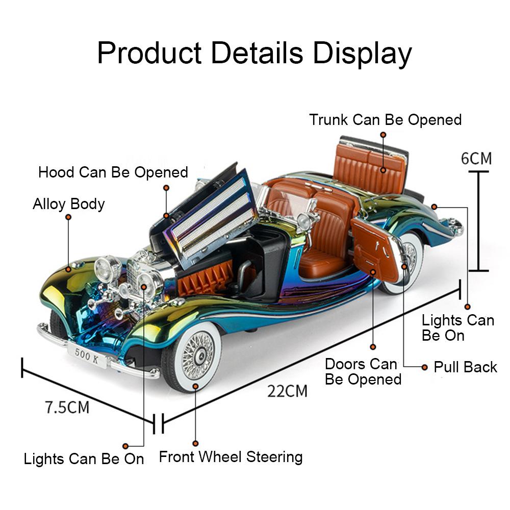 1:24 Scale 300SL 500K Car Toy Model Sound Light Doors Opened Classic Cars Alloy Diecast Shock Absorption Models Kids Presents