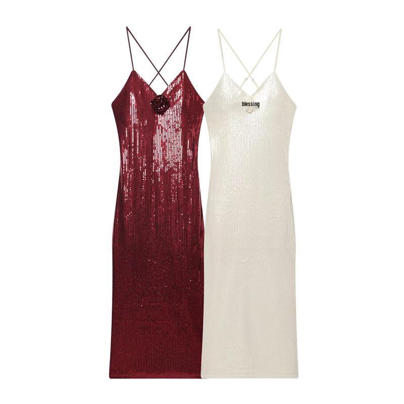 High-End Sequin Design Red Camisole Dress for Women - 2025 Style