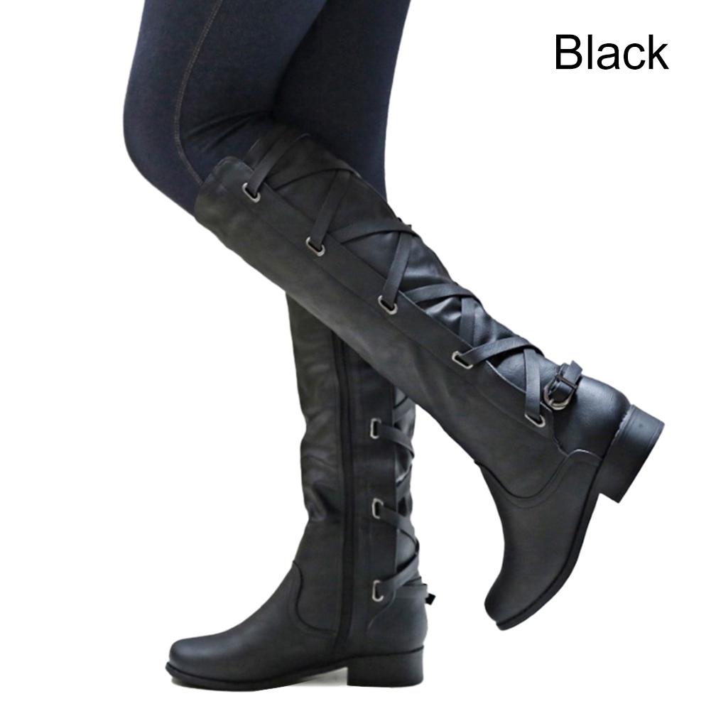 Buy Women's Leather Buckle Riding Knee High Cowboy Boots Retro Winter Boots Knight Boots at