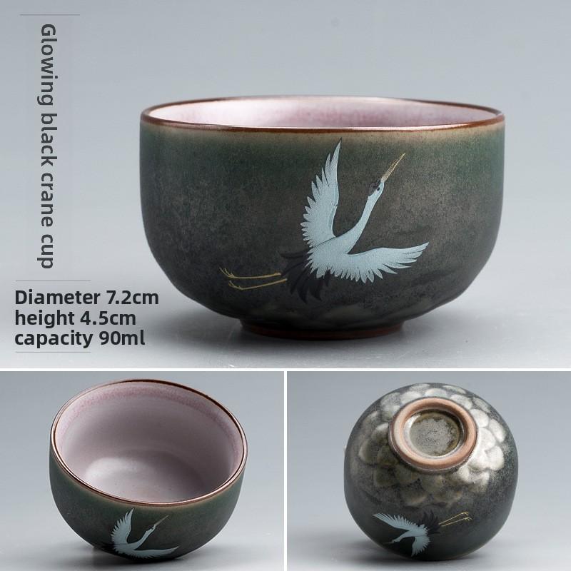 Crystalline Glaze Hand Painted Crane Coarse Pottery Teacup Japanese Style Zen Master Cup for Gongfu Tea Ceremony Unique Gift 80ml-90ml