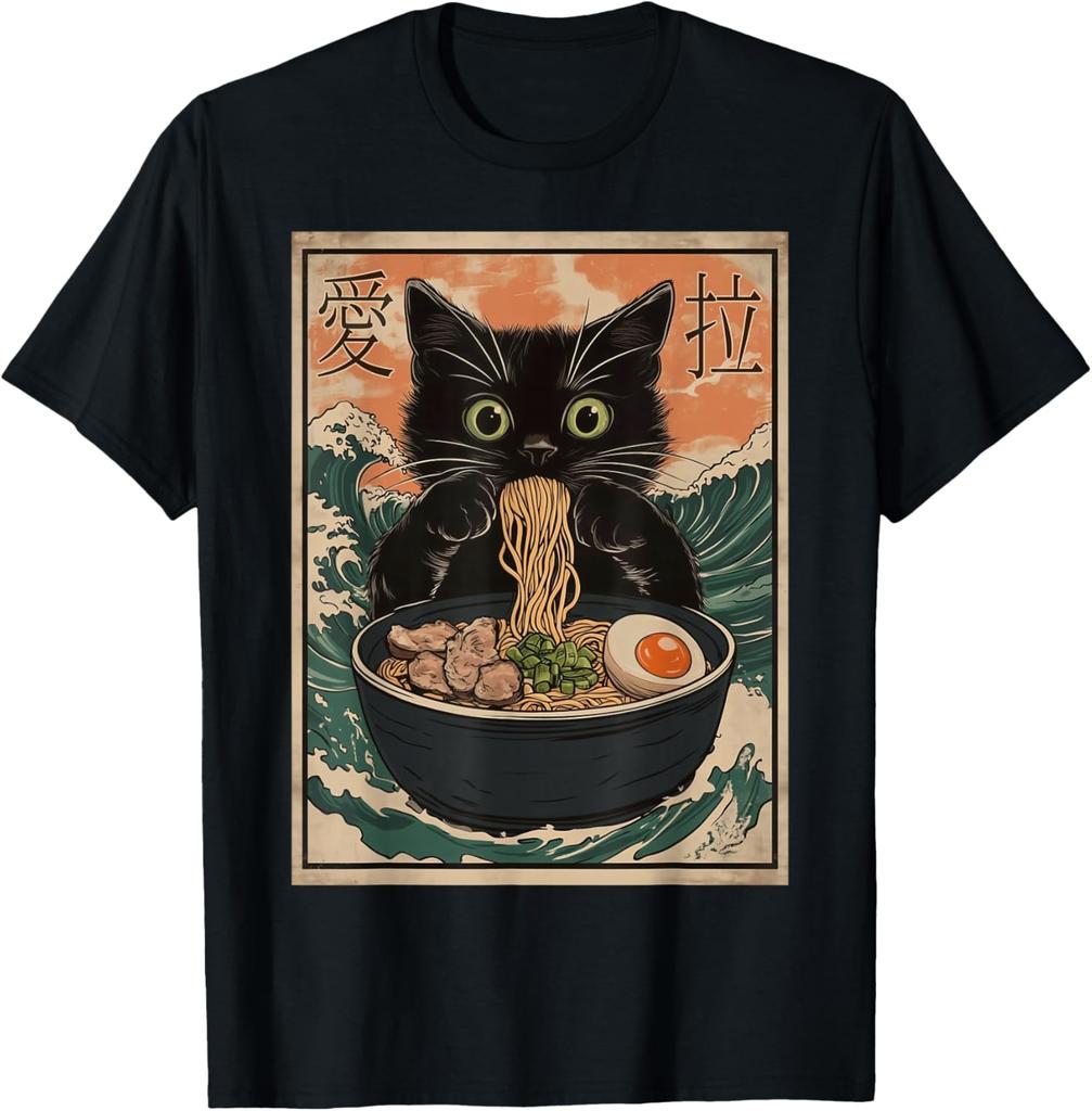 Black Cat Eating Ramen Japanese Art Graphic T-Shirt Soft Cotton Crewneck Tee for Men