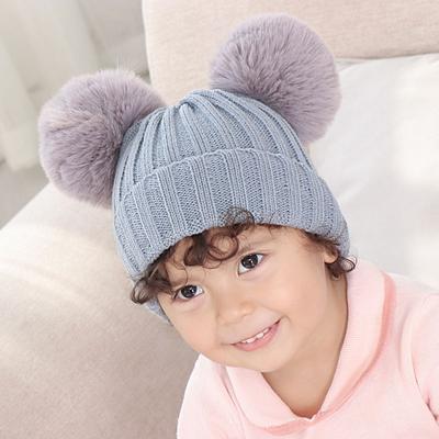 Doppel Pompom Baby Hut Herbst Winter Kinder Mädchen Beanie Kappe Haar Ball Gestrickte Dicke Warme Einfarbig Infant Kleinkind Motorhaube kappe