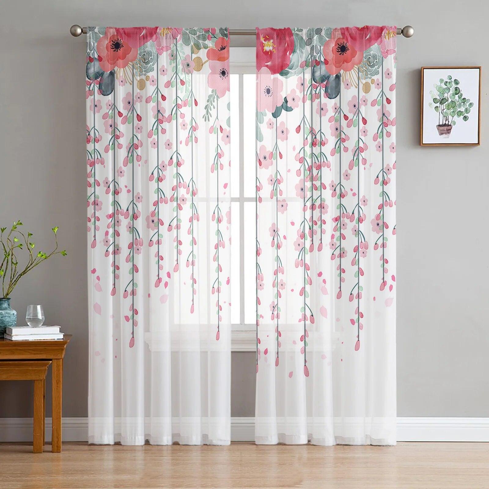 

Flower Watercolor Leaf Bud Chiffon Sheer Window Curtains For Living Room Bedroom Kitchen Decor 135W x 114H(cm)