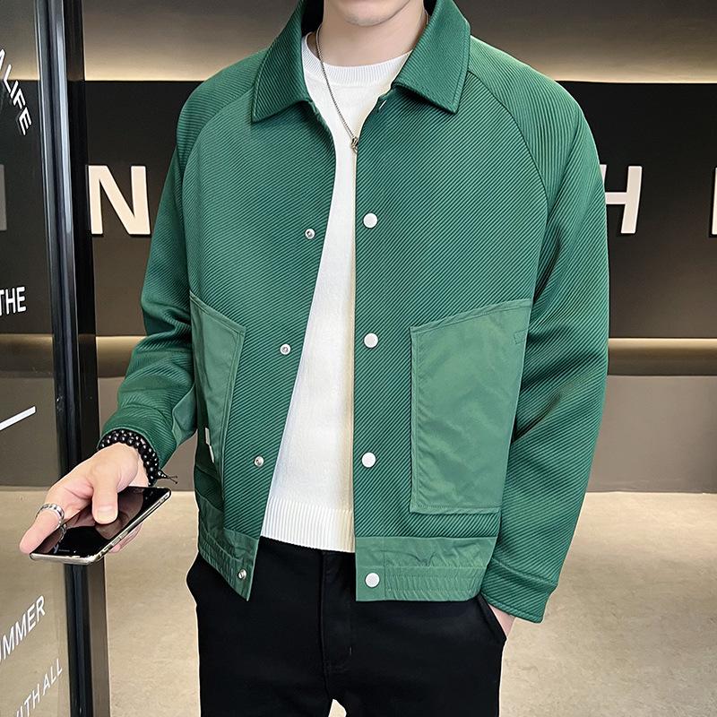 Men's Korean-Style Contrast Stitching Twill Jacket - Trendy 2023 Spring/Autumn Green Fashion.
