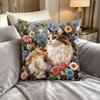 Floral Cat Print Throw Pillow Cover, Whimsical Garden Kitten With Colorful Flowers, Decorative Cushion For Living Room Couch