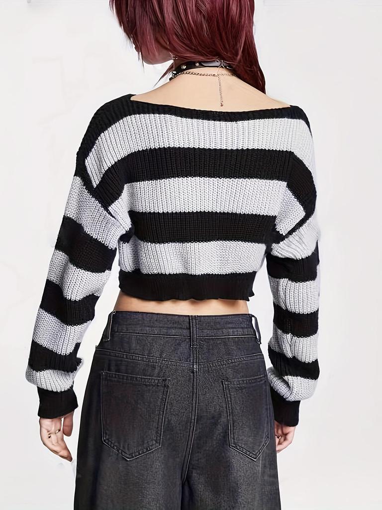 European-American Striped Long Sleeve Loose Knit Sweater for Women