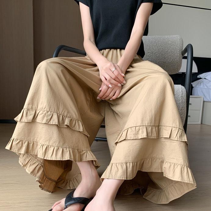 Women Plus Size Wide Leg Pants Summer Elastic High Waist Ruffled Casual Pants