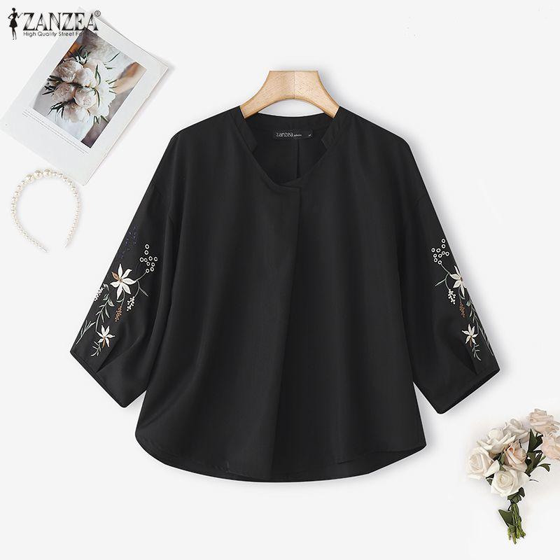 ZANZEA Women Casual V-Neck Floral Print Splice 3/4 Sleeve Blouse