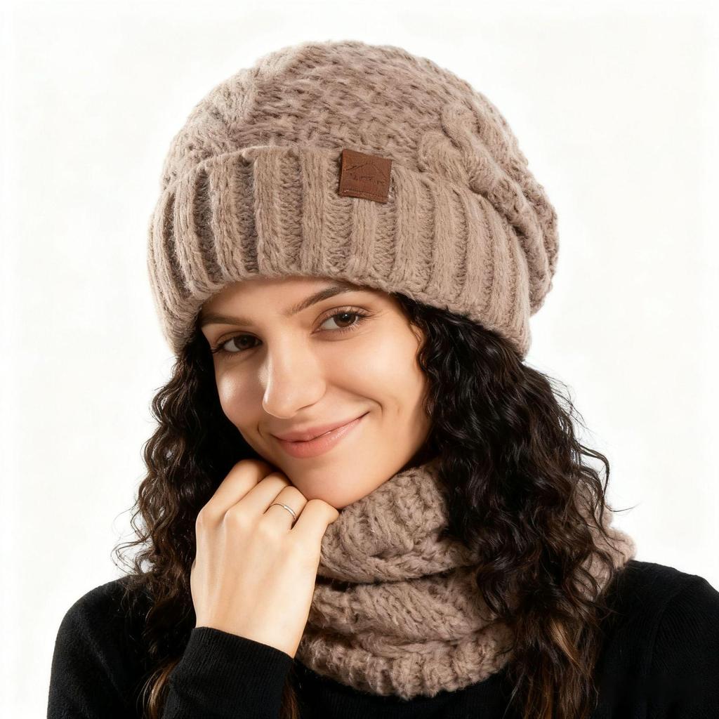 Set Căciulă Tricotată și Fular pentru Femei European-Americane de Iarnă - Cald, Rezistent la Frig cu Protecție pentru Urechi Design Pulover