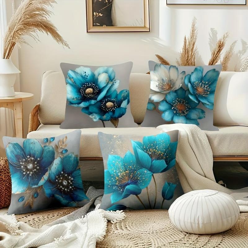 4 Pack Azure Flower Cushion Covers 45x45cm Artistic Botanical Print with Metallic Details for Modern Living Room Decor