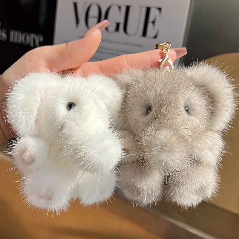 Women's Lovely Cute Elephant Mink Fur Keychain Charm Fashion Plush Car Key Chain Bag Pendant Keyrings Party Favor Jewelry