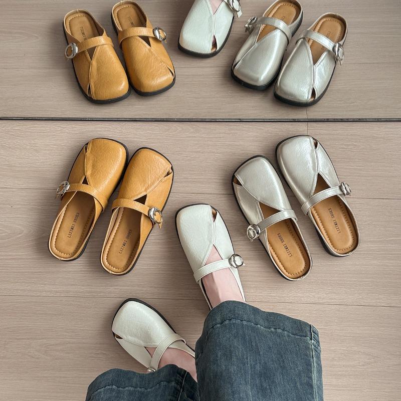 Summer wear lazy people with one foot and half slippers women's retro cool slippers low-heeled square head shoes
