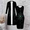 Women Plus Size Black Printed Two Piece Set Long Sleeve Open Front Cardigan Sleeveless Bodycon Dress