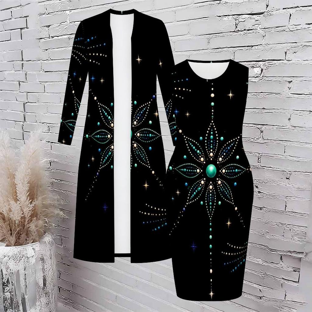 Women Plus Size Black Printed Two Piece Set Long Sleeve Open Front Cardigan Sleeveless Bodycon Dress